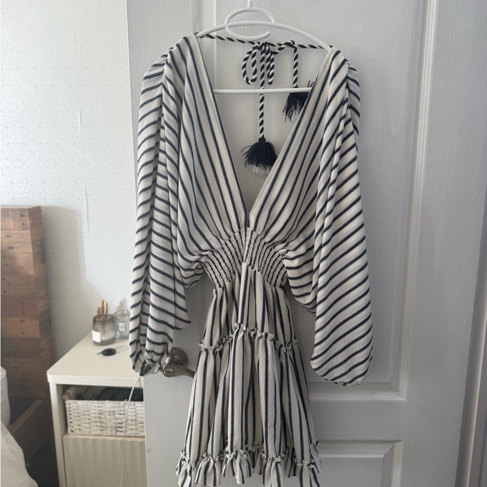 MISA Striped V-Neck Smocked Waist Dress - White/Black/ Navy